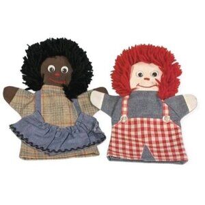 2 Handmade Hand Puppets Rag Dolls Googly Eyes Yarn Hair Boy Girl Naive Vtg Lot